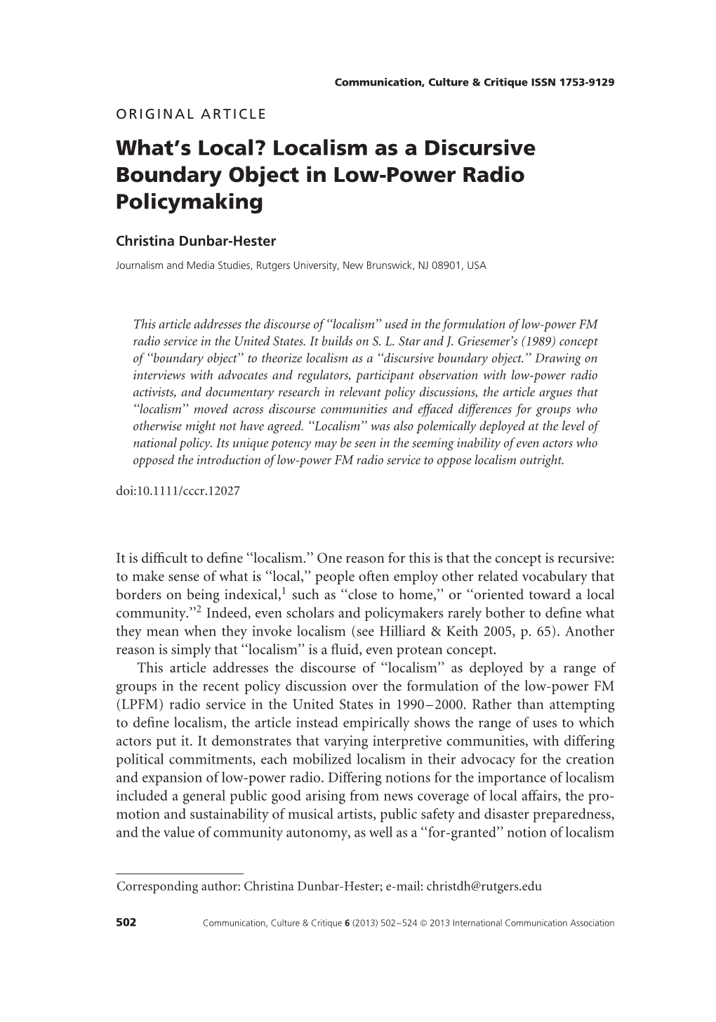 Localism As a Discursive Boundary Object in Low-Power Radio Policymaking