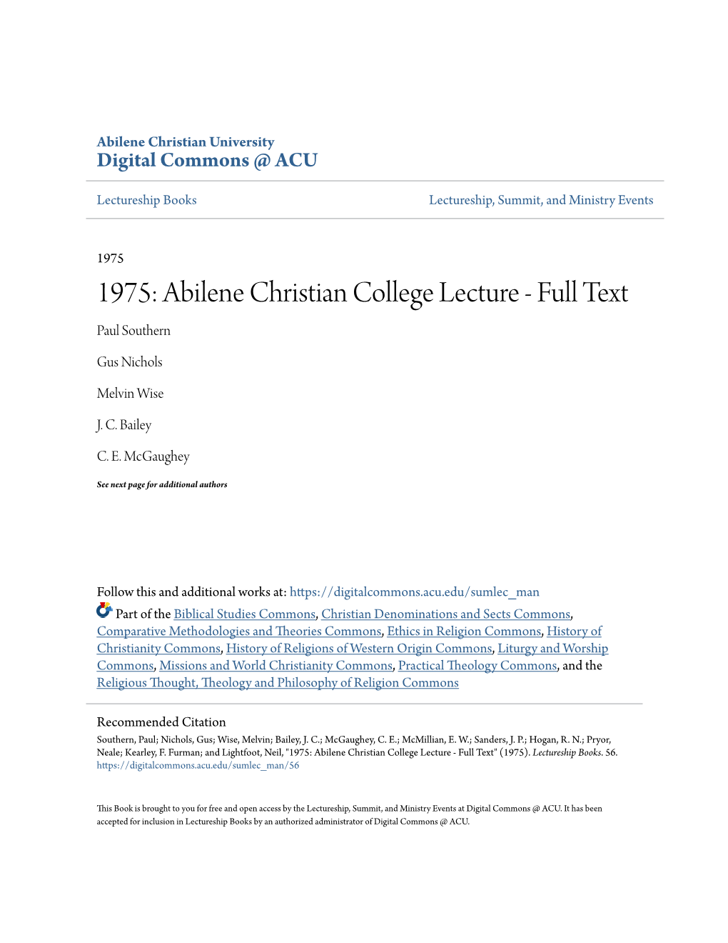 Abilene Christian College Lecture - Full Text Paul Southern