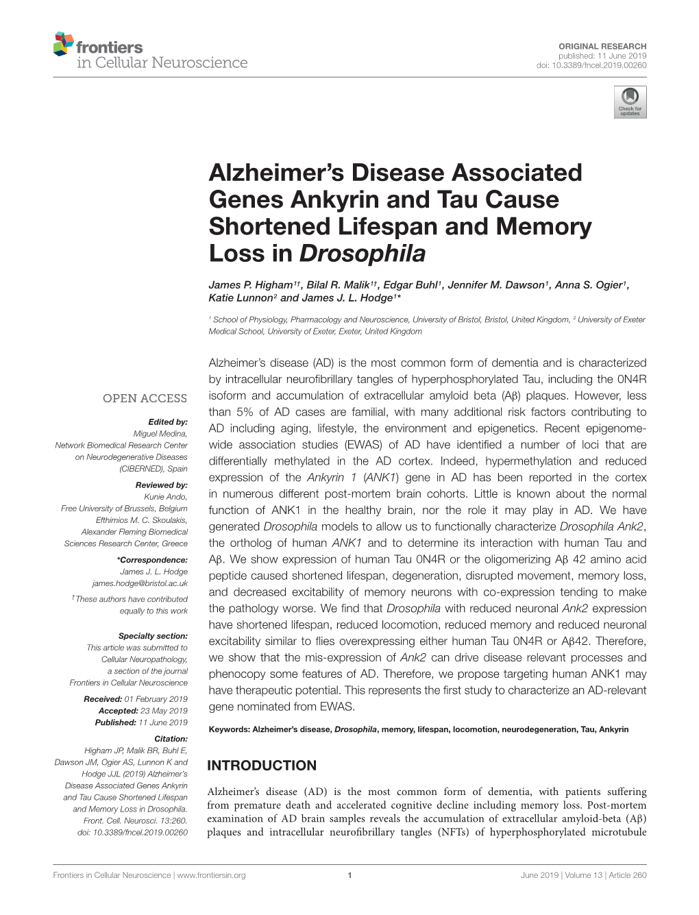 Alzheimer's Disease Associated Genes Ankyrin and Tau