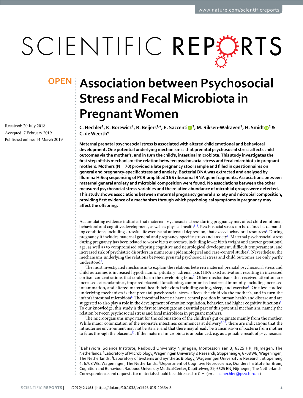 Association Between Psychosocial Stress and Fecal Microbiota in Pregnant Women Received: 20 July 2018 C