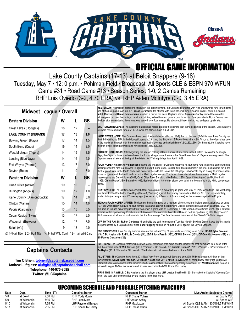 OFFICIAL GAME INFORMATION Lake County Captains (17-13) at Beloit Snappers (9-18) Tuesday, May 7 • 12: 0 P.M