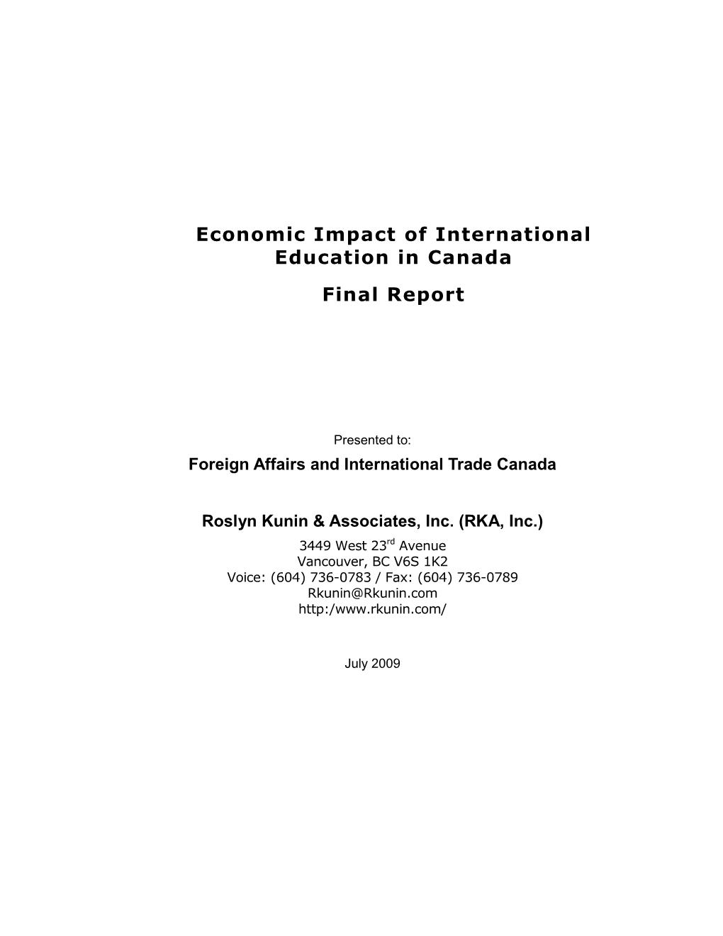 Economic Impact of International Education in Canada Final Report
