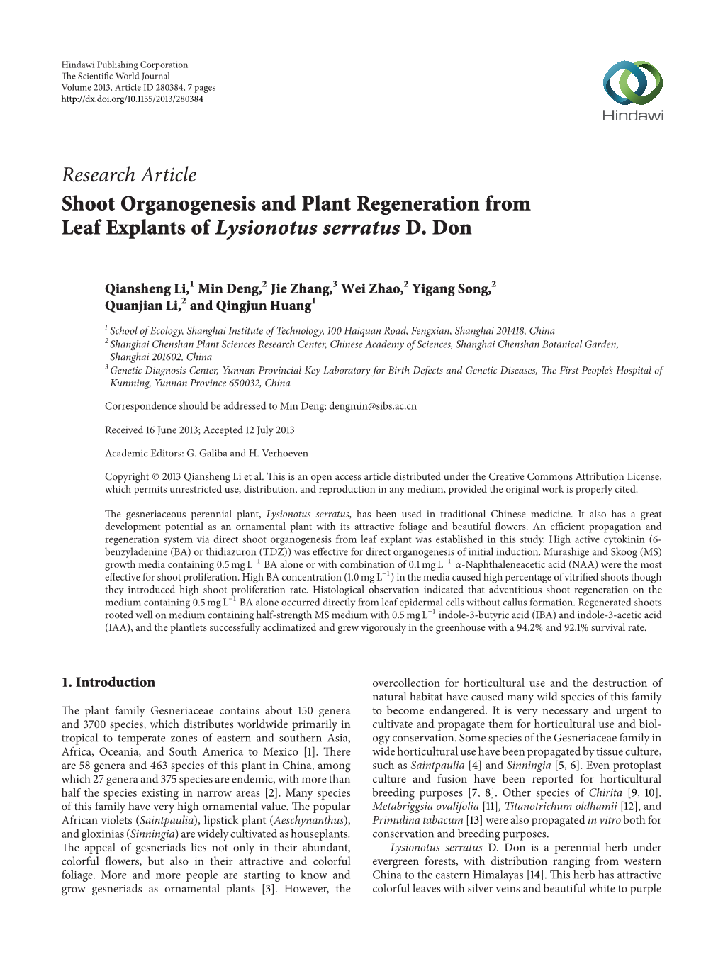 Shoot Organogenesis and Plant Regeneration from Leaf Explants of Lysionotus Serratus D