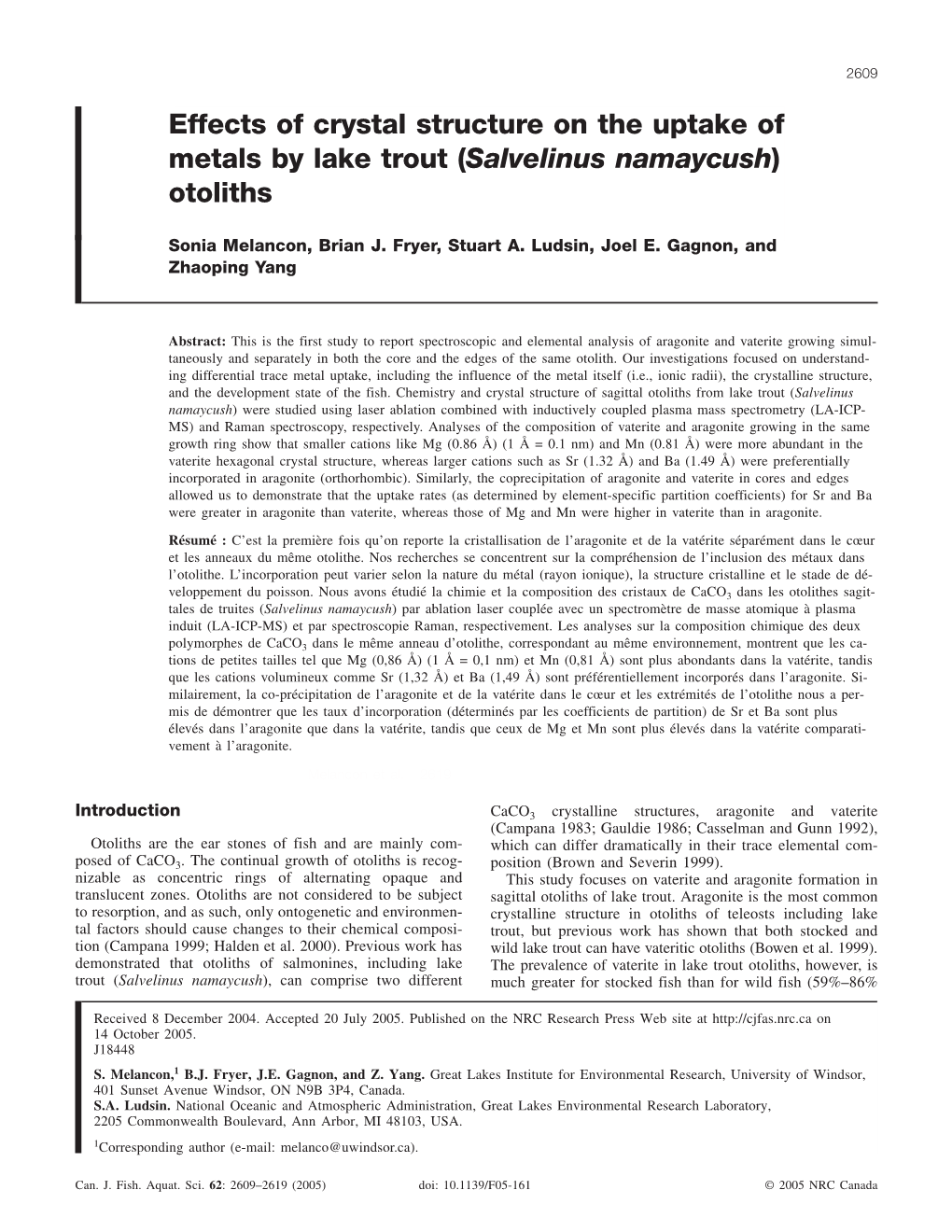 Effects of Crystal Structure on the Uptake of Metals by Lake Trout (Salvelinus Namaycush) Otoliths