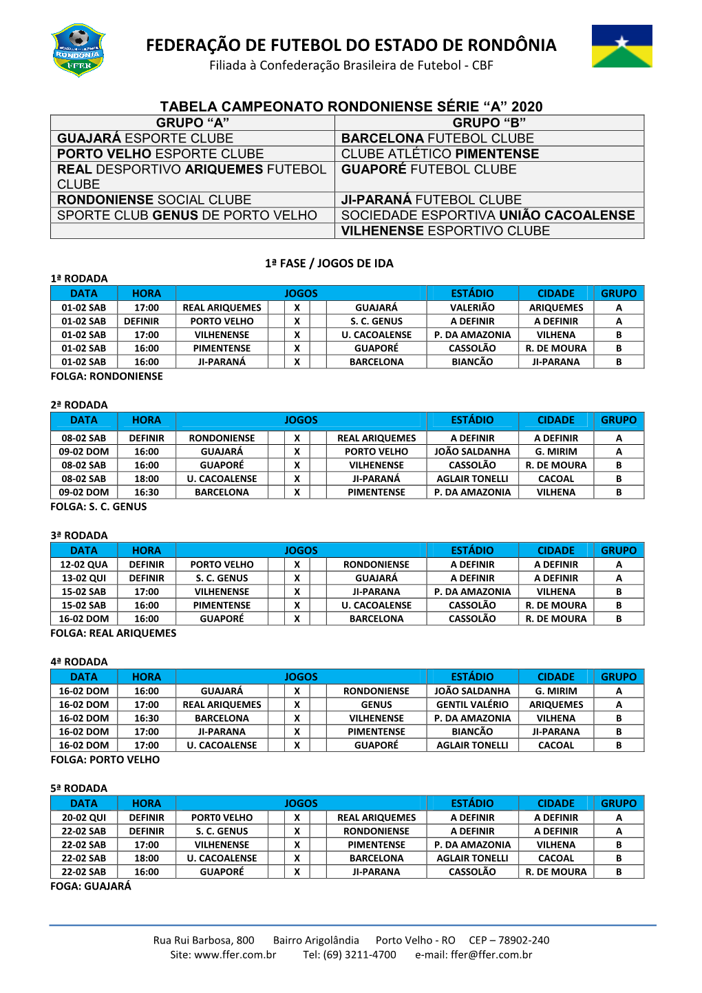 FEDERAÇÃO DE FUTEBOL DO ESTADO DE RONDÔNIA Filiada À Confederação Brasileira De Futebol - CBF