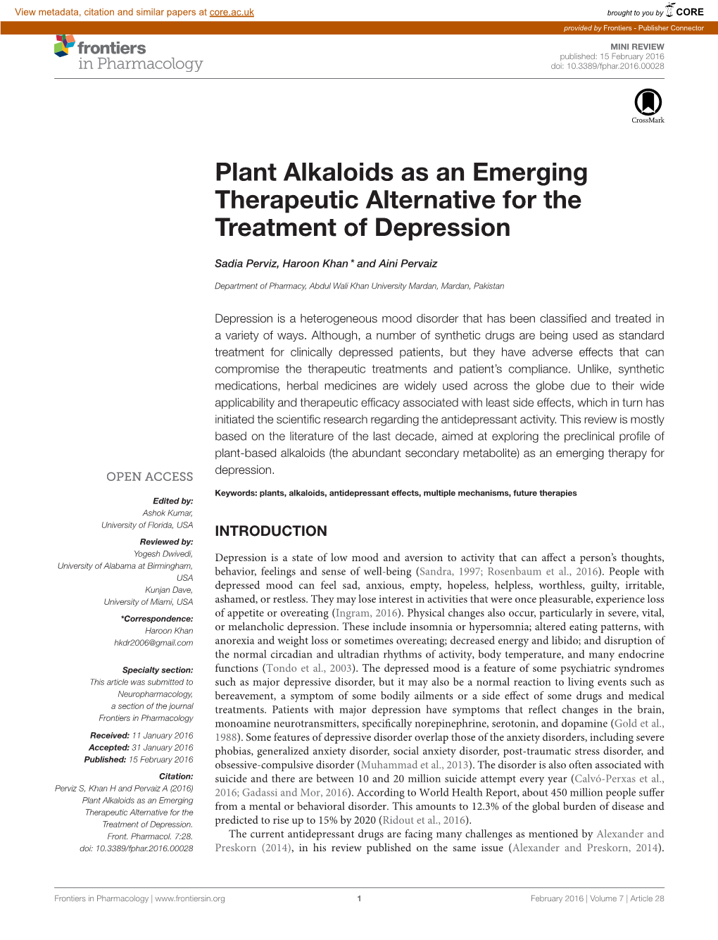 Plant Alkaloids As an Emerging Therapeutic Alternative for the Treatment of Depression