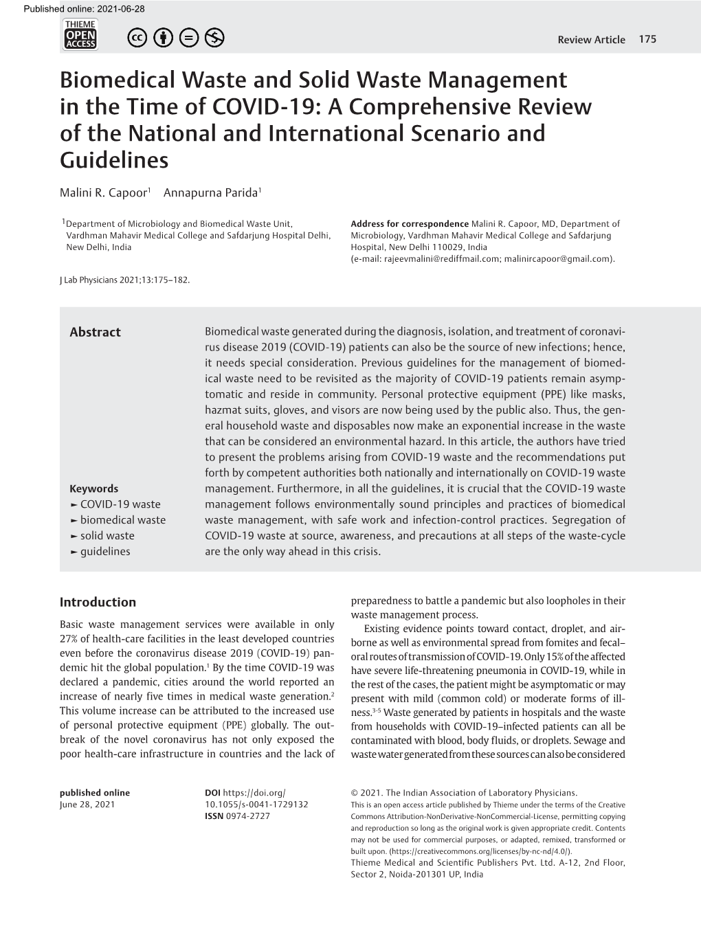 Biomedical Waste and Solid Waste Management in the Time of COVID-19: a Comprehensive Review of the National and International Scenario and Guidelines