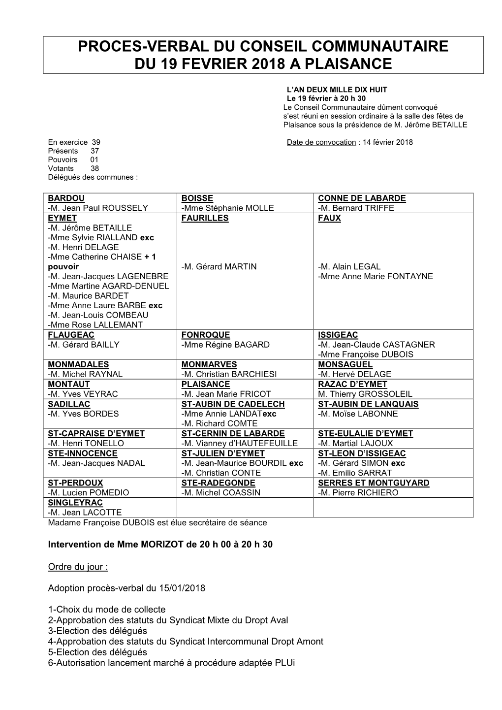 Proces-Verbal Du Conseil Communautaire Du 19 Fevrier 2018 a Plaisance