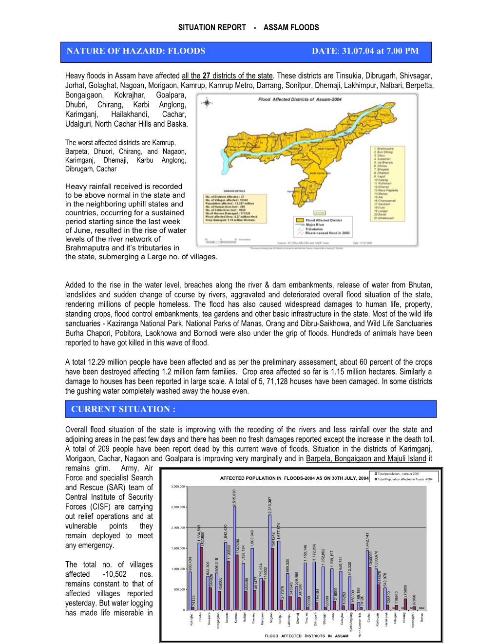 FLOODS DATE: 31.07.04 at 7.00 PM CURRENT SITUATION