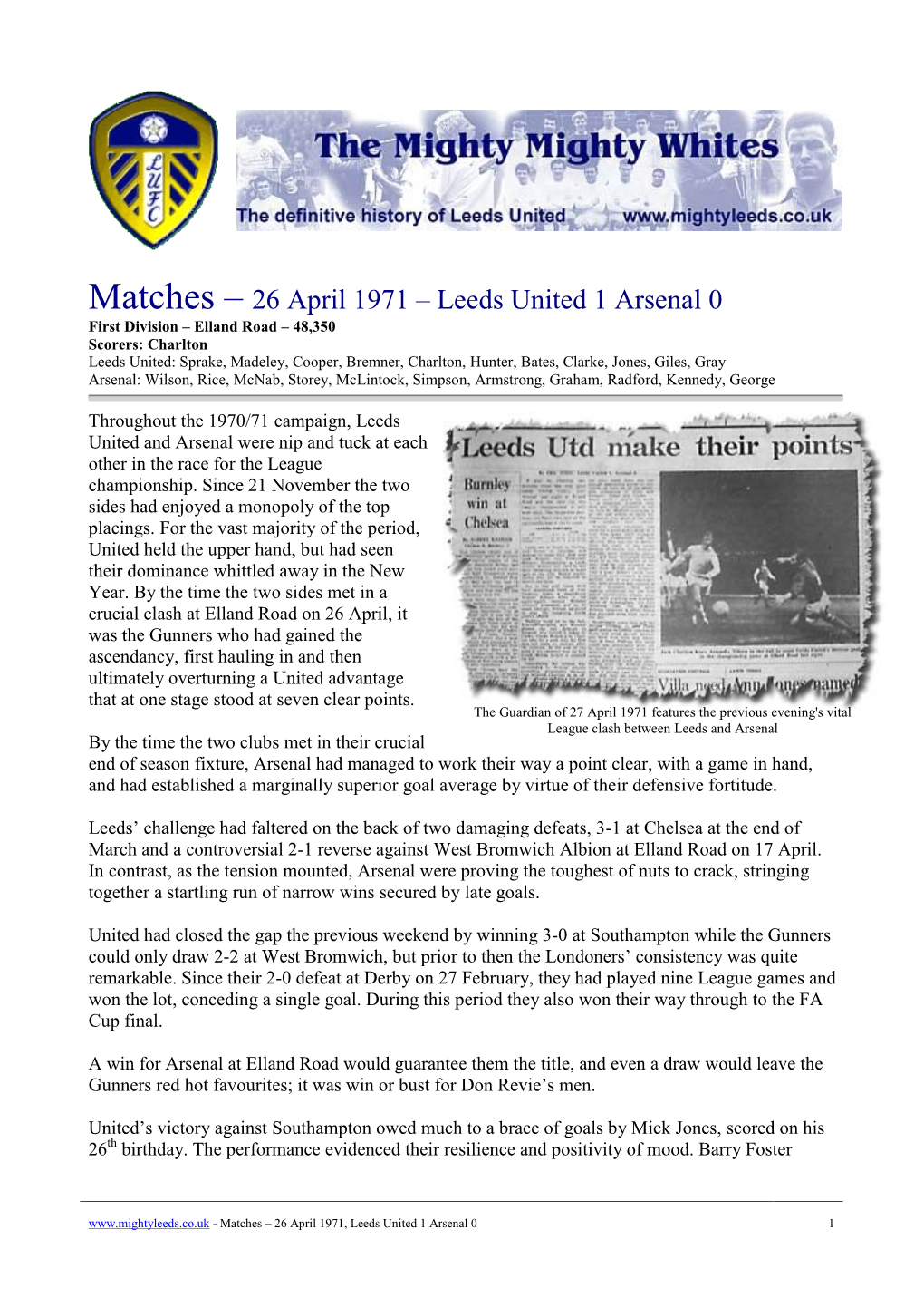 Matches – 26 April 1971 – Leeds United 1 Arsenal 0