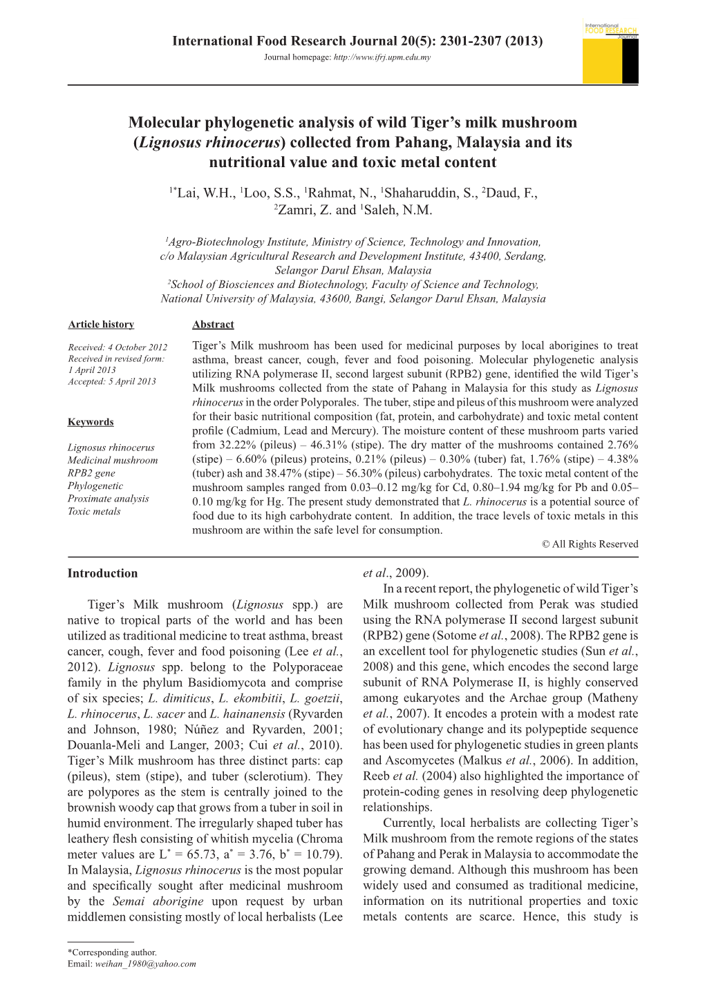 Molecular Phylogenetic Analysis of Wild Tiger's Milk Mushroom