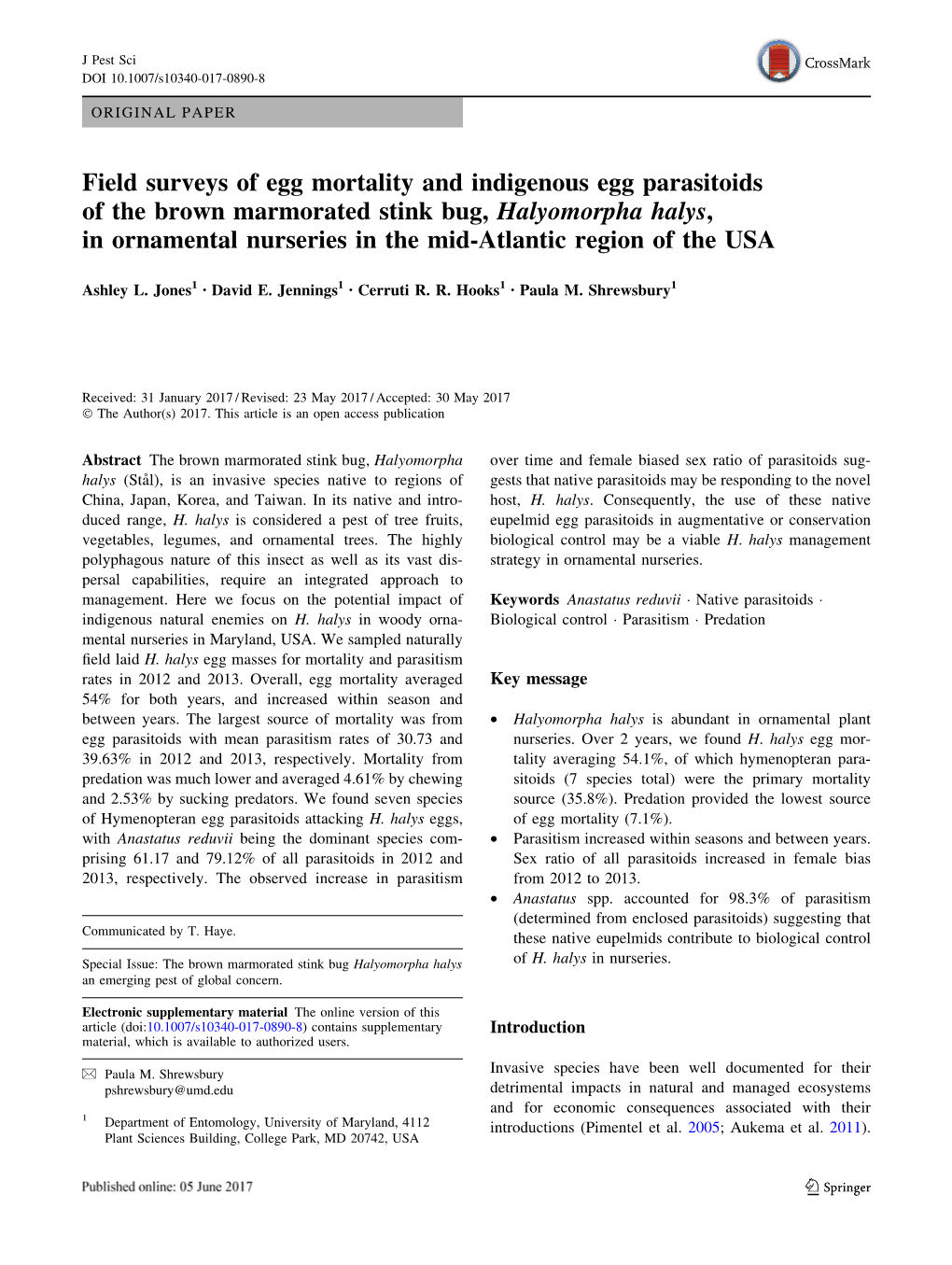 Field Surveys of Egg Mortality and Indigenous Egg Parasitoids of the Brown Marmorated Stink Bug, Halyomorpha Halys, in Ornamenta