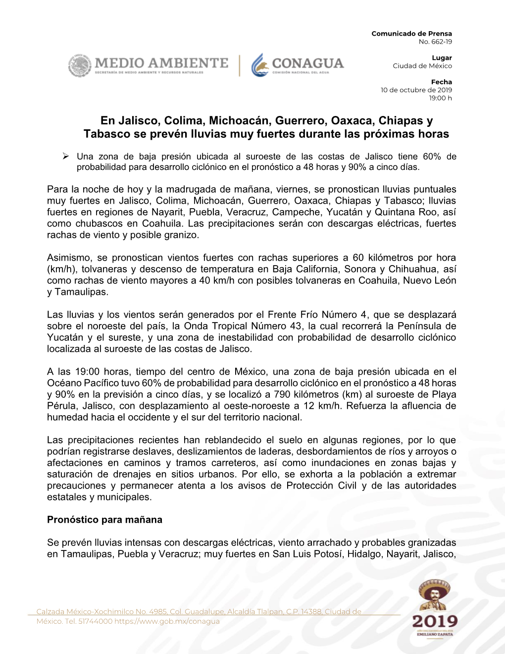 En Jalisco, Colima, Michoacán, Guerrero, Oaxaca, Chiapas Y Tabasco Se Prevén Lluvias Muy Fuertes Durante Las Próximas Horas