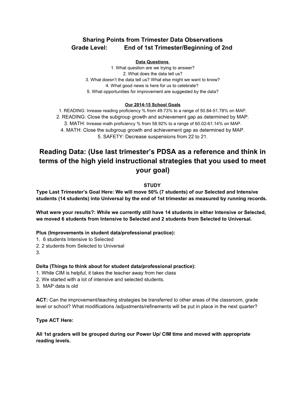 2Nd Trimester First Grade PDSA Template