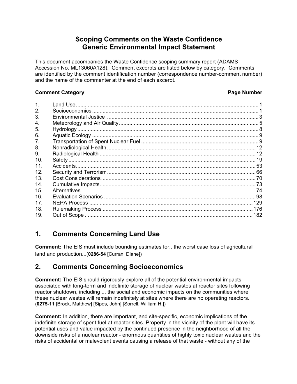 Scoping Comments Received on the Waste Confidence Generic