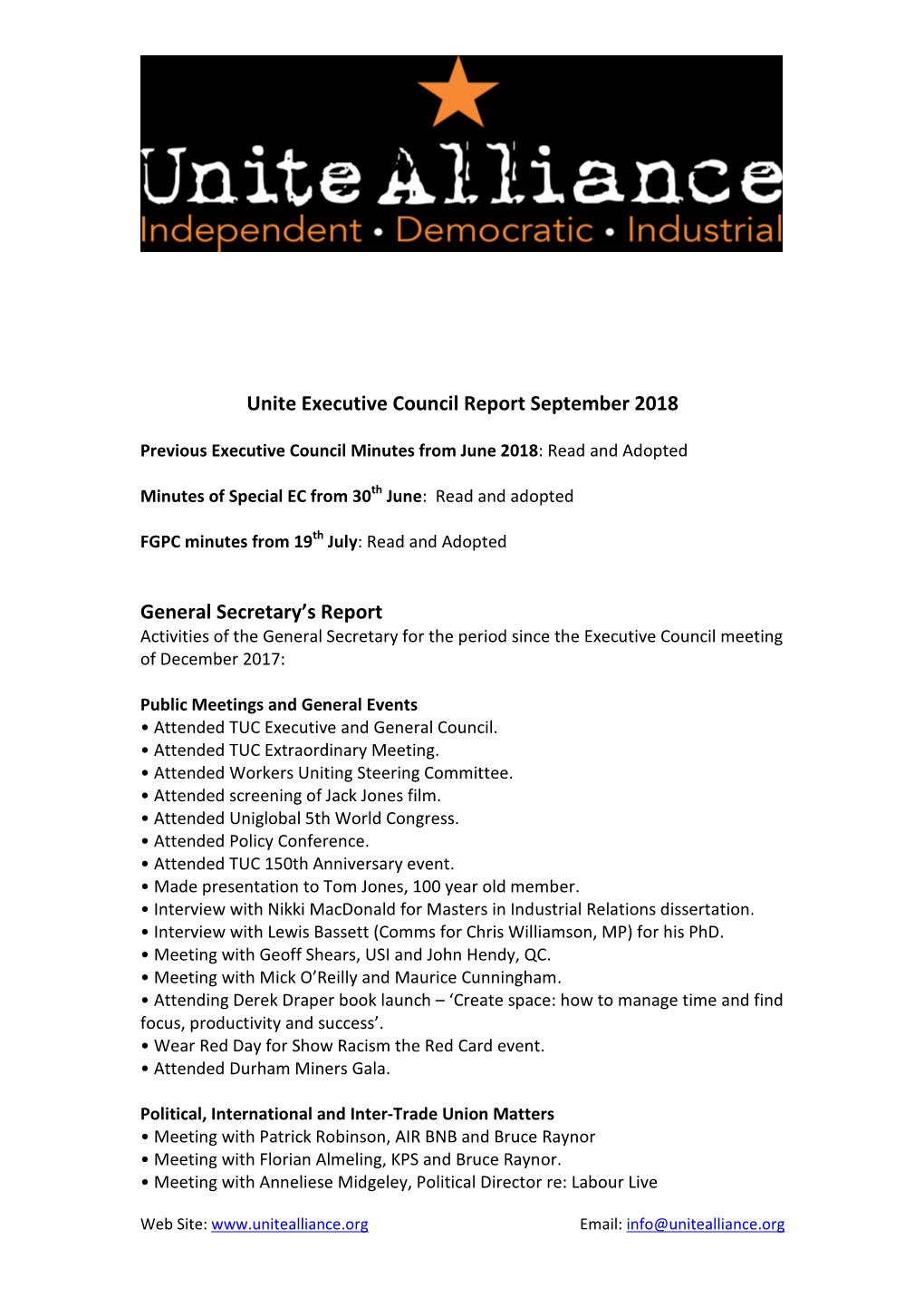 Unite Executive Council Report September 2018 General