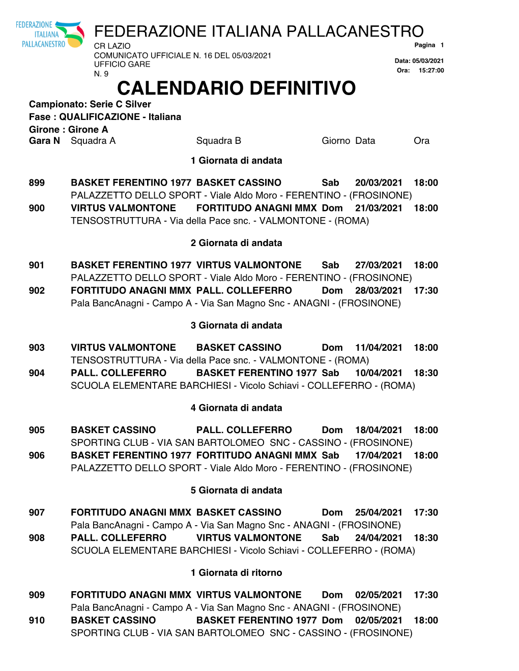 CALENDARIO DEFINITIVO Campionato: Serie C Silver Fase : QUALIFICAZIONE - Italiana Girone : Girone a Gara N Squadra a Squadra B Giorno Data Ora