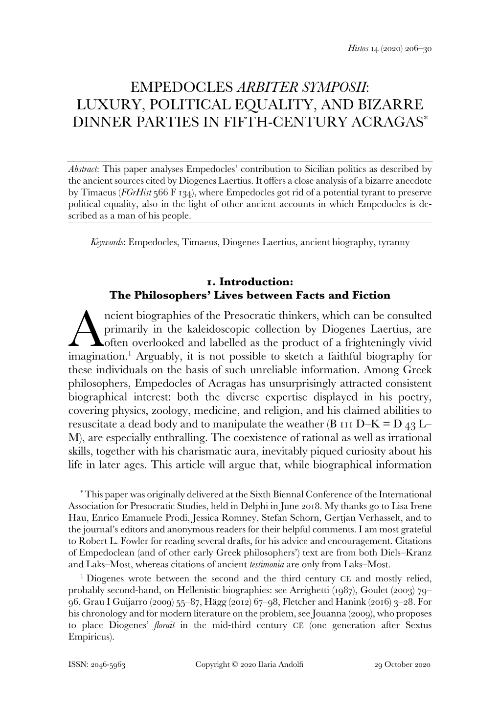 Empedocles Arbiter Symposii : Luxury, Political Equality, and Bizarre Dinner Parties in Fifth-Century Acragas *