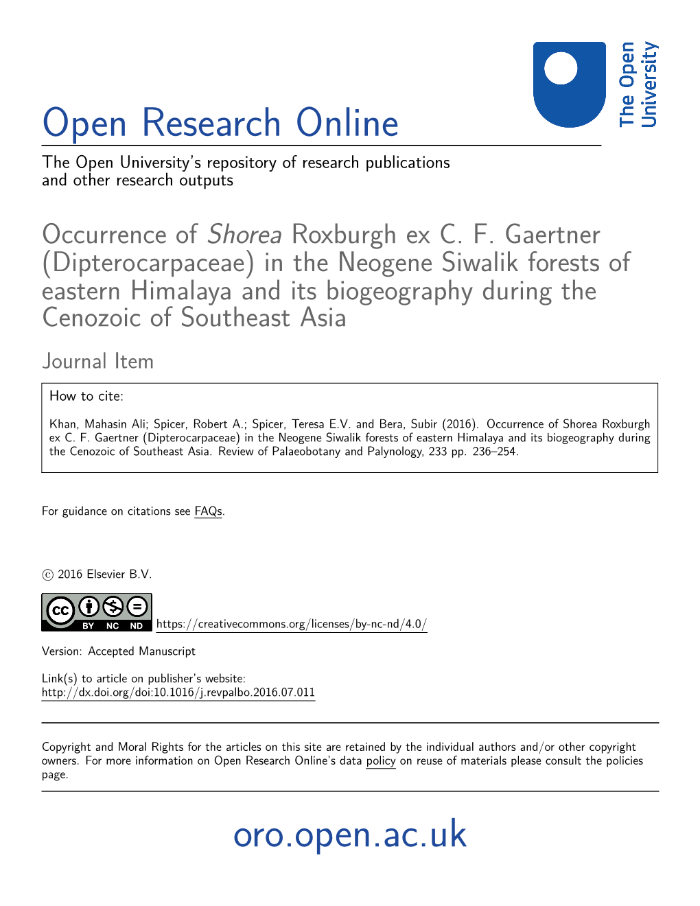 Occurrence of Shorea Roxburgh Ex CF Gaertner (Dipterocarpaceae)