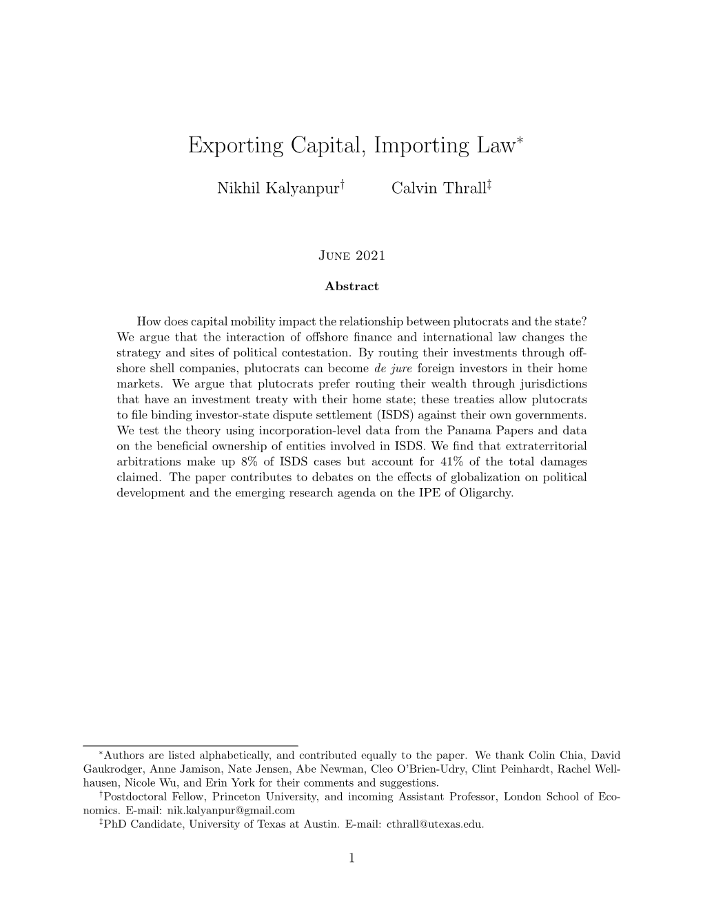 Exporting Capital, Importing Law∗