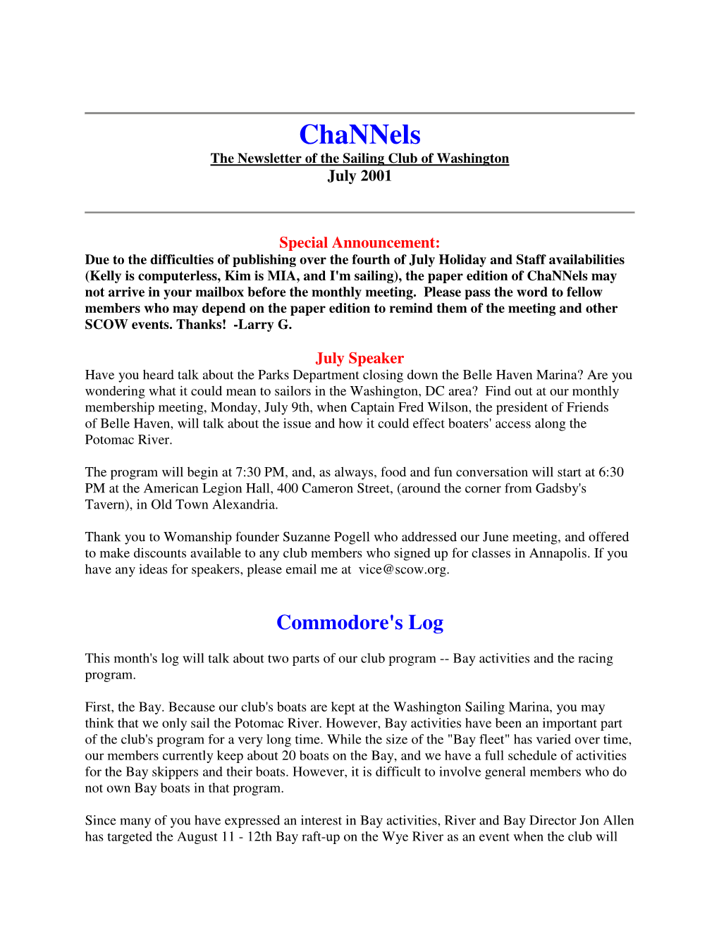 Channels the Newsletter of the Sailing Club of Washington July 2001