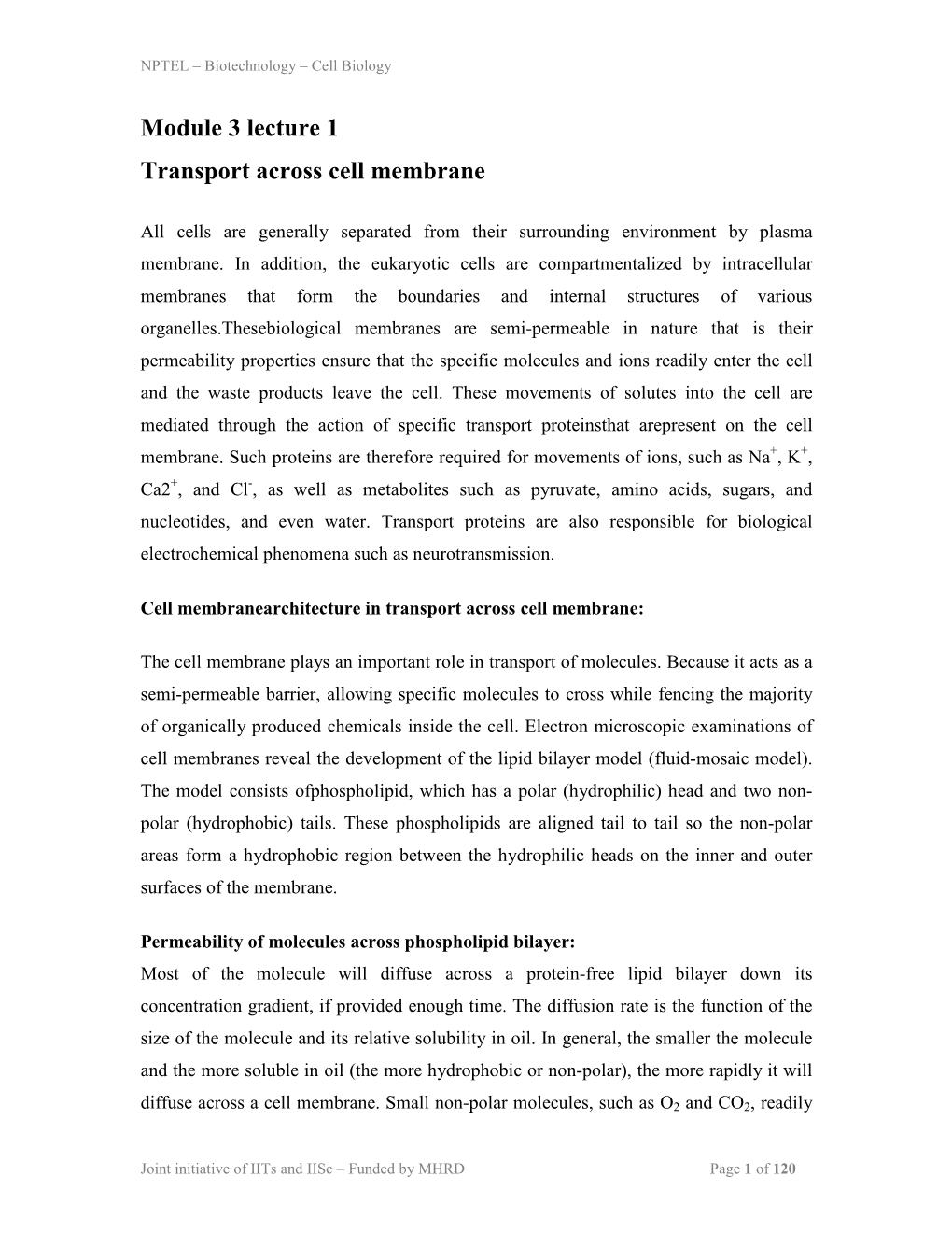 Module 3 Lecture 1 Transport Across Cell Membrane