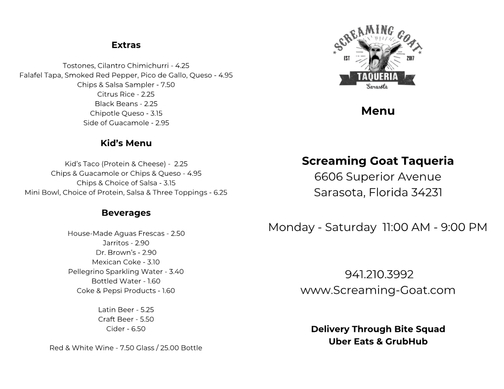 Menu Screaming Goat Taqueria 6606 Superior Avenue Sarasota, Florida