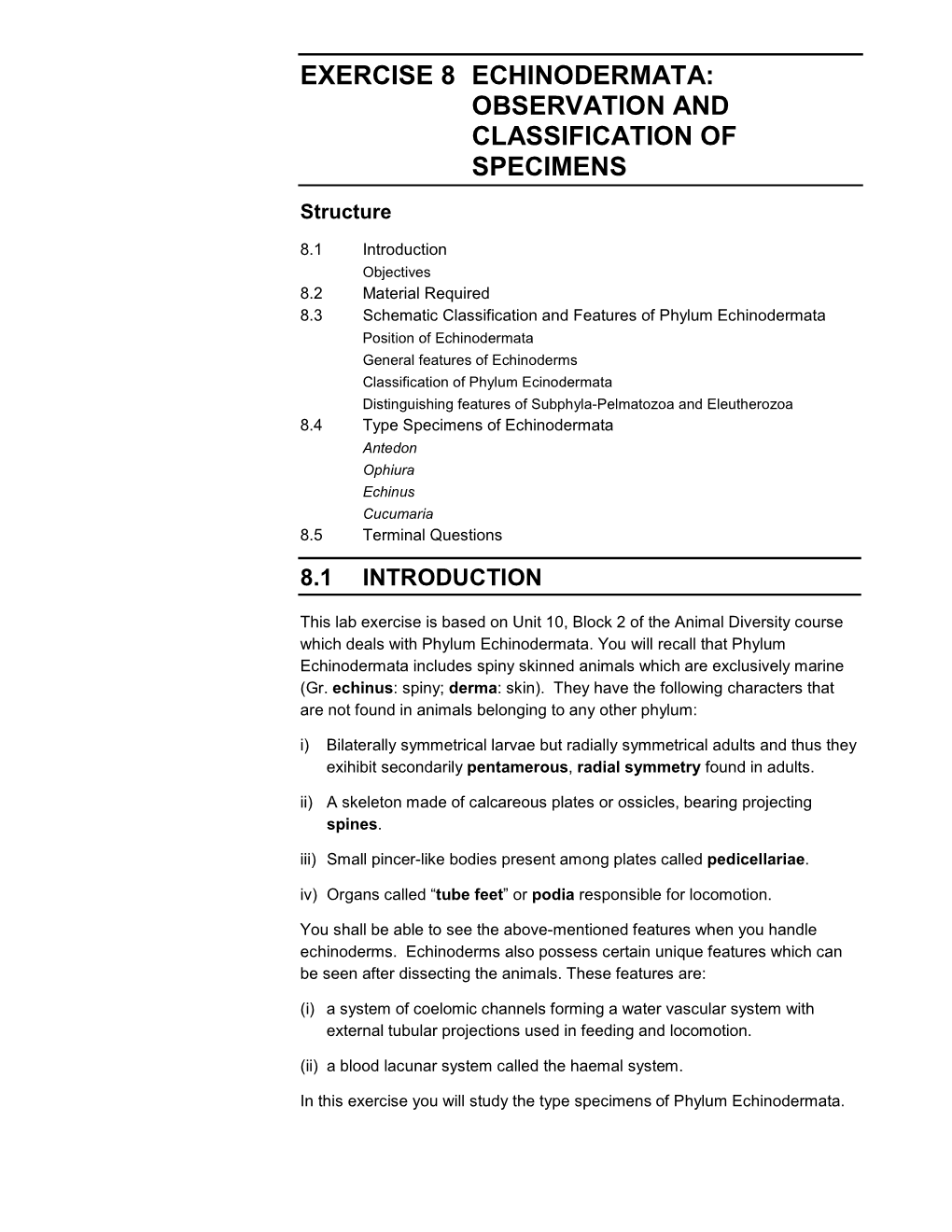 Exercise 8 Echinodermata: Observation and Classification of Specimens