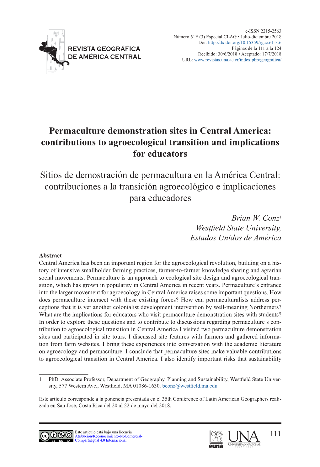 Permaculture Demonstration Sites in Central America: Contributions to Agroecological Transition and Implications for Educators