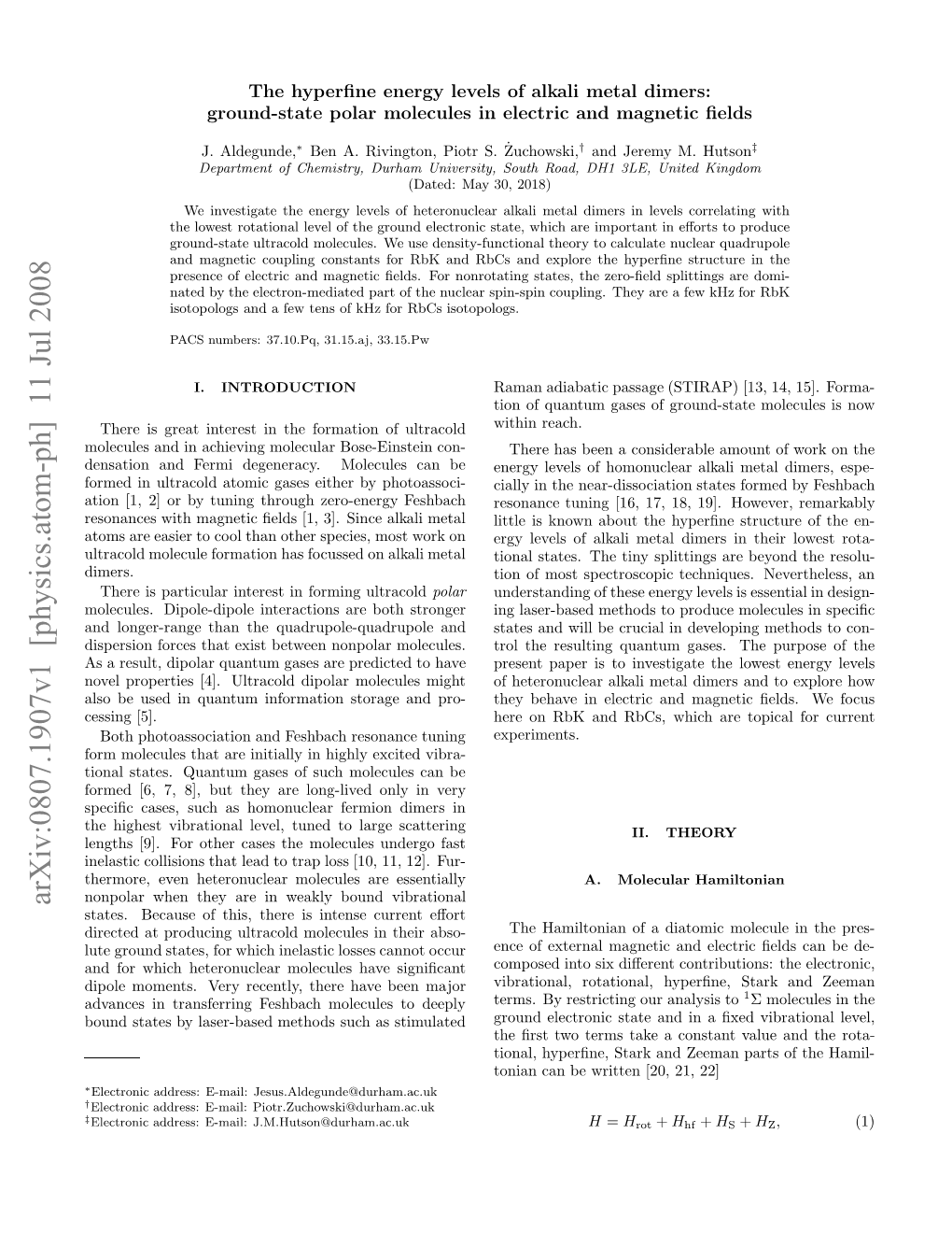 Arxiv:0807.1907V1 [Physics.Atom-Ph] 11 Jul 2008 † ∗ Lrcl Oeuefrainhsfcse Nakl Metal on Alkali Work on Dimers