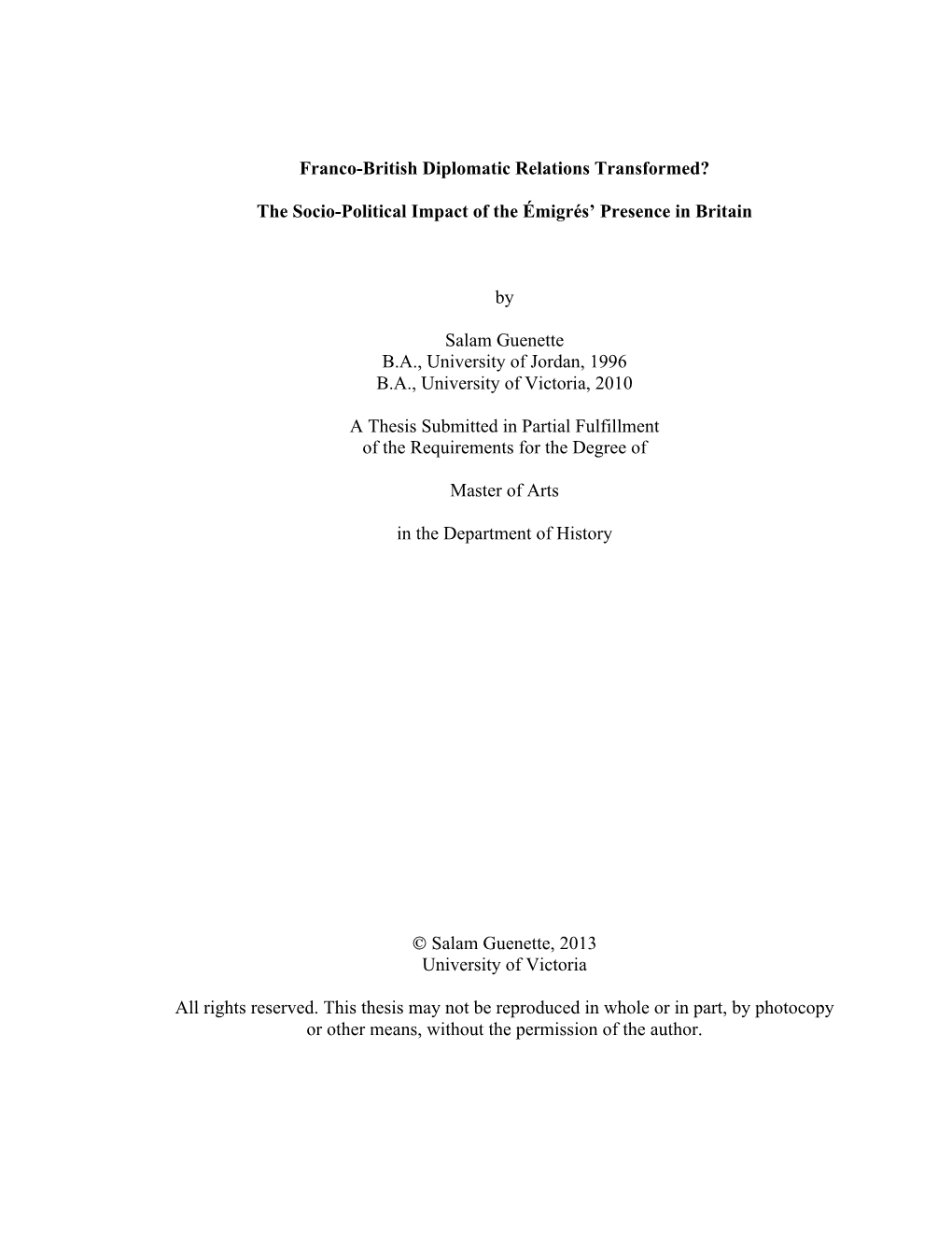 Franco-British Diplomatic Relations Transformed? the Socio-Political Impact of the Émigrés' Presence in Britain by Salam