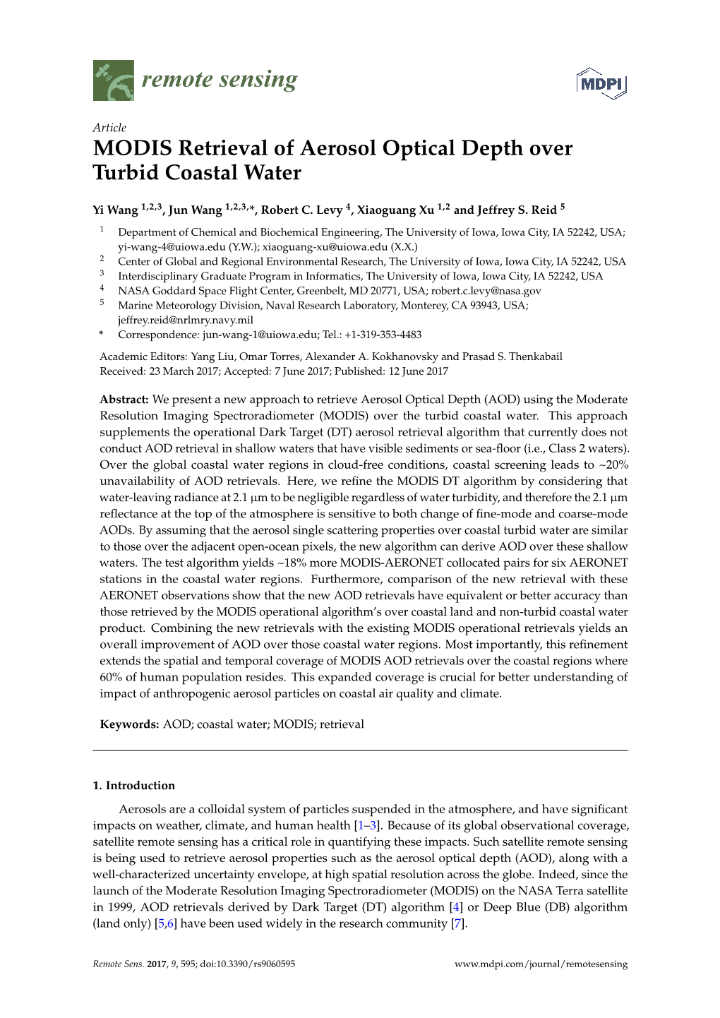 MODIS Retrieval of Aerosol Optical Depth Over Turbid Coastal Water