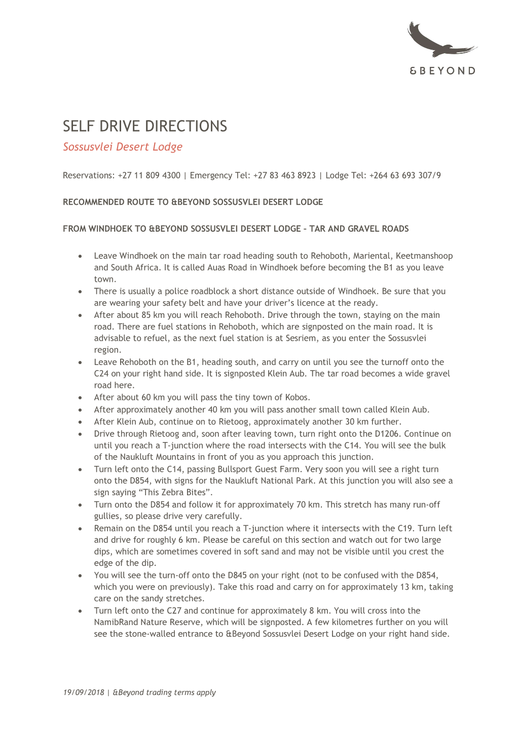 SELF DRIVE DIRECTIONS Sossusvlei Desert Lodge