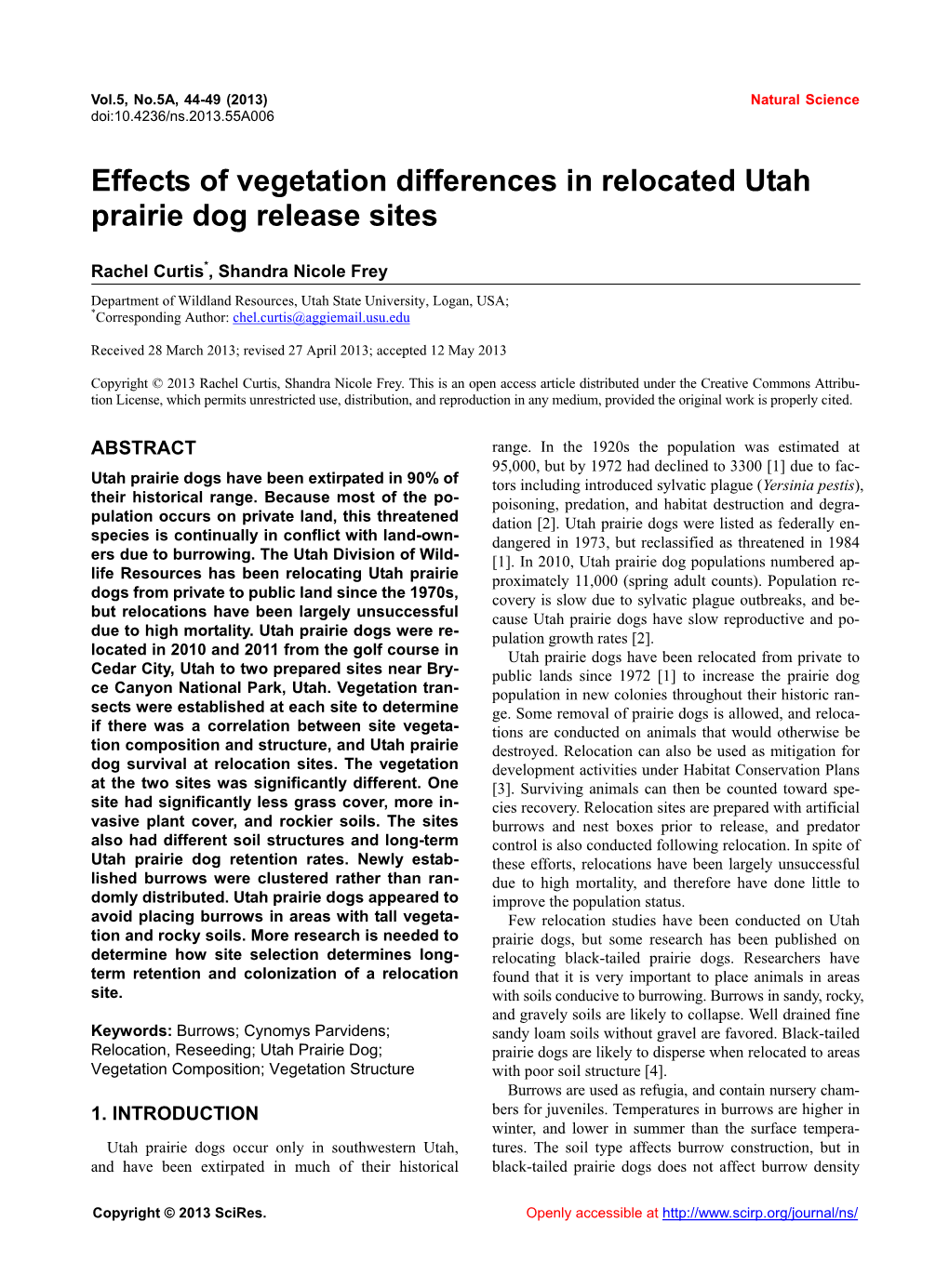 Effects of Vegetation Differences in Relocated Utah Prairie Dog Release Sites