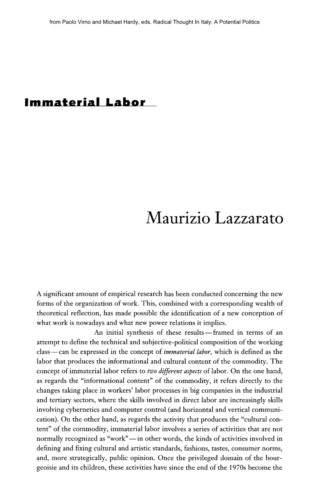 Maurizio Lazzarato: “Immaterial Labor”