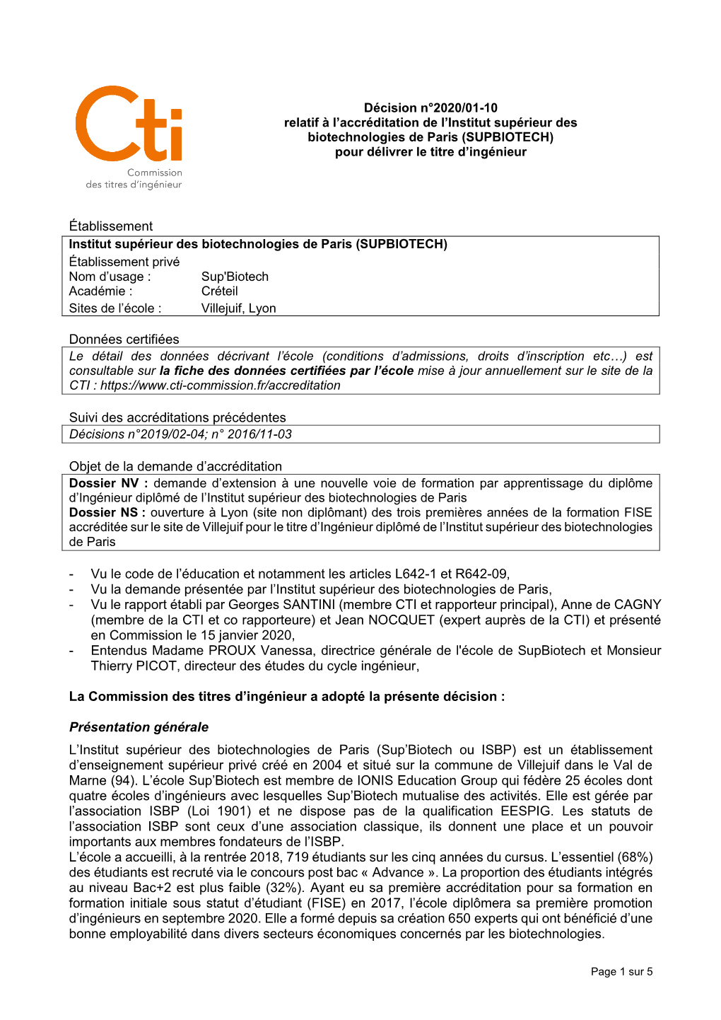 Décision N°2020/01-10 Relatif À L'accréditation De L'institut Supérieur Des Biotechnologies De Paris