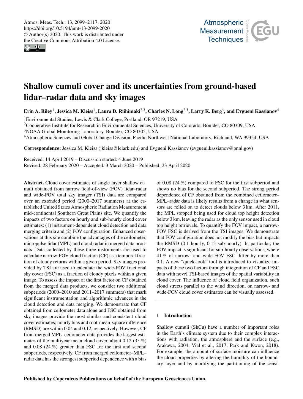 Shallow Cumuli Cover and Its Uncertainties from Ground-Based Lidar–Radar Data and Sky Images