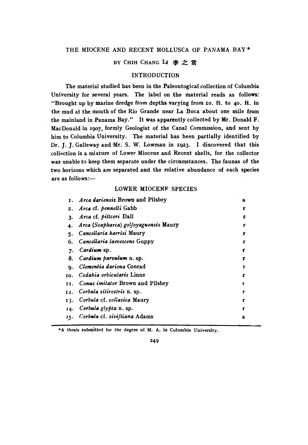 THE MIOCENE and RECENT MOLLUSCA of PANAMA BAY * by CHIH CHANG Li Le ¿