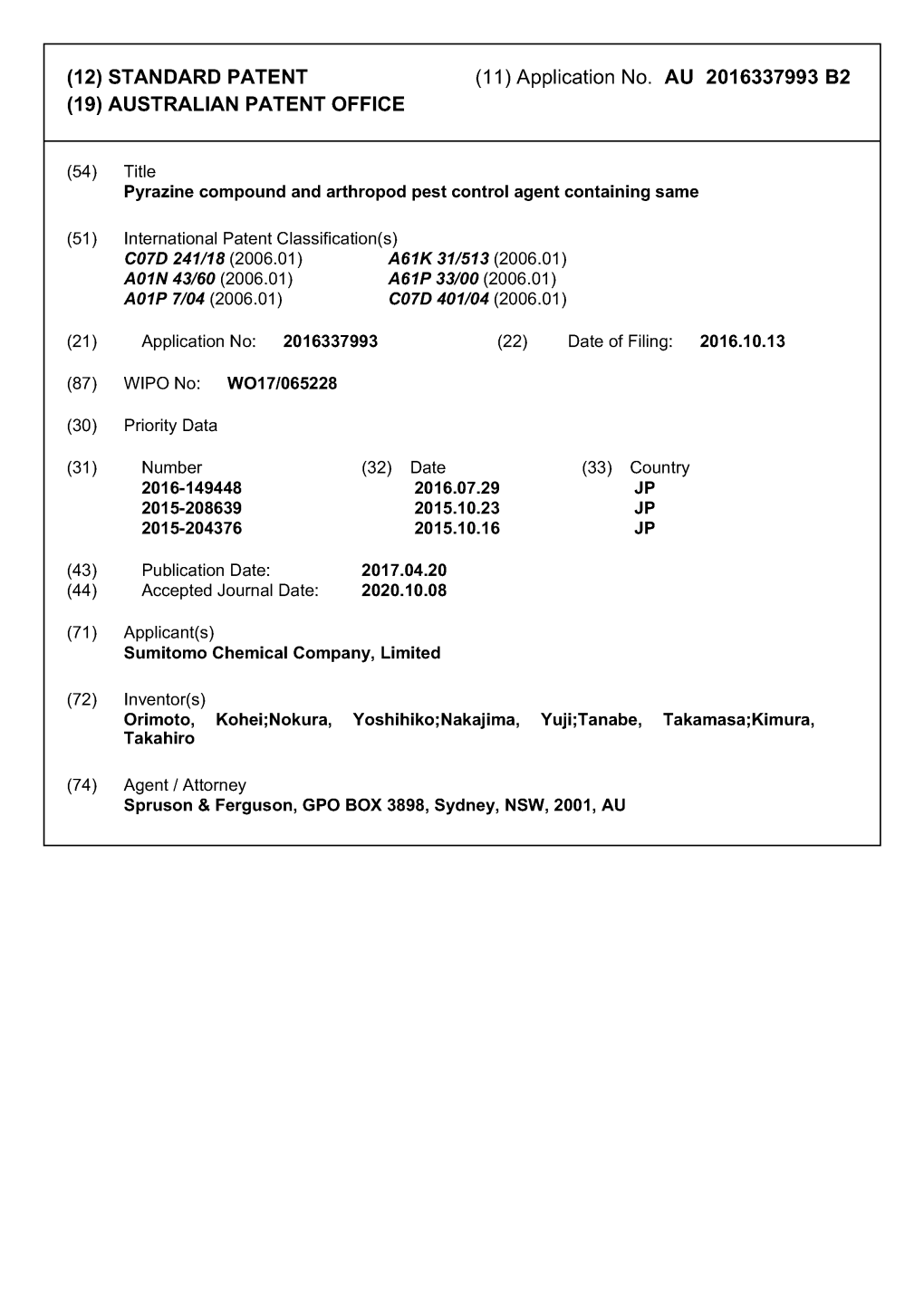 (12) STANDARD PATENT (11) Application No. AU 2016337993 B2 (19) AUSTRALIAN PATENT OFFICE