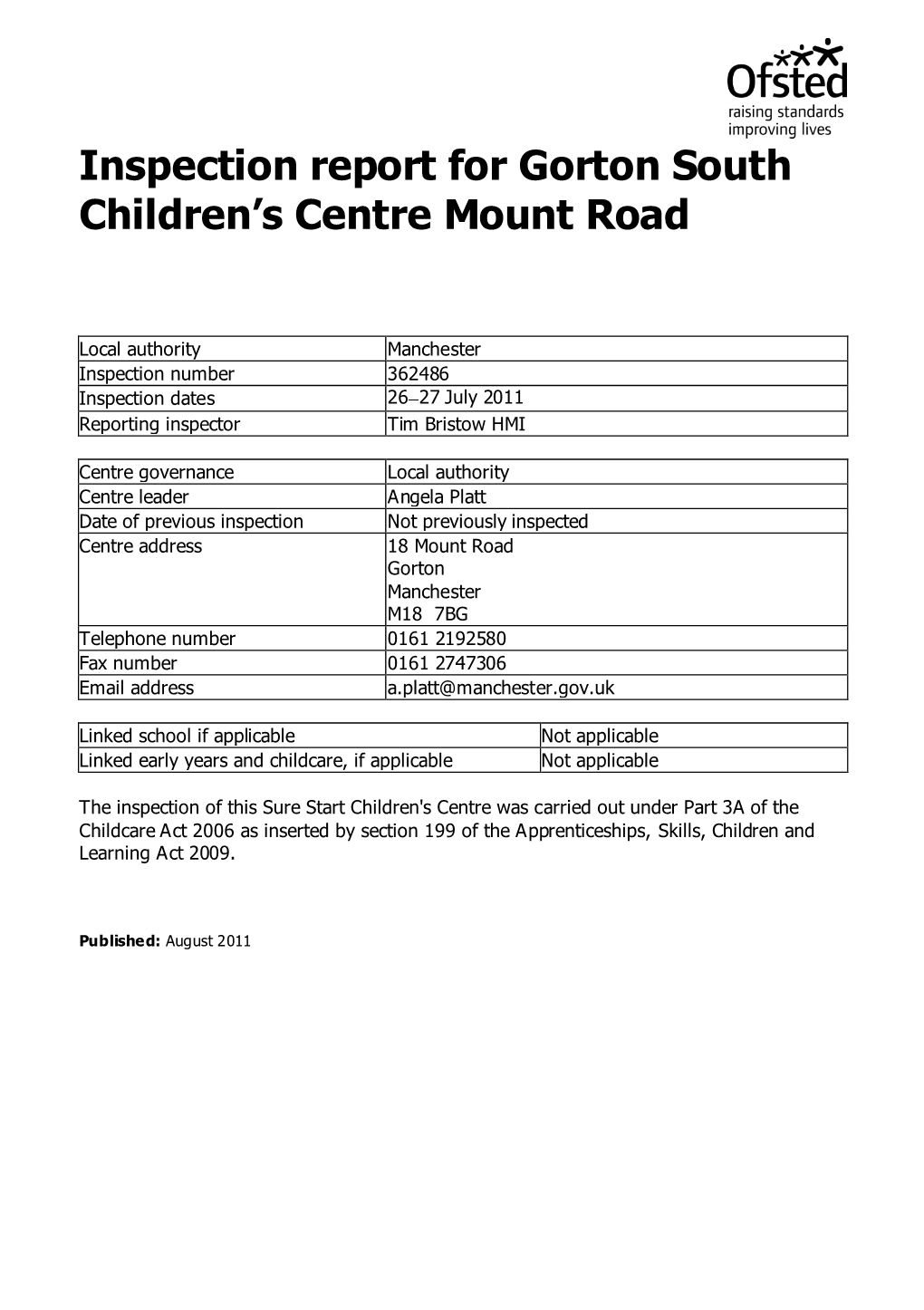 Inspection Report for Gorton South Children's Centre Mount Road