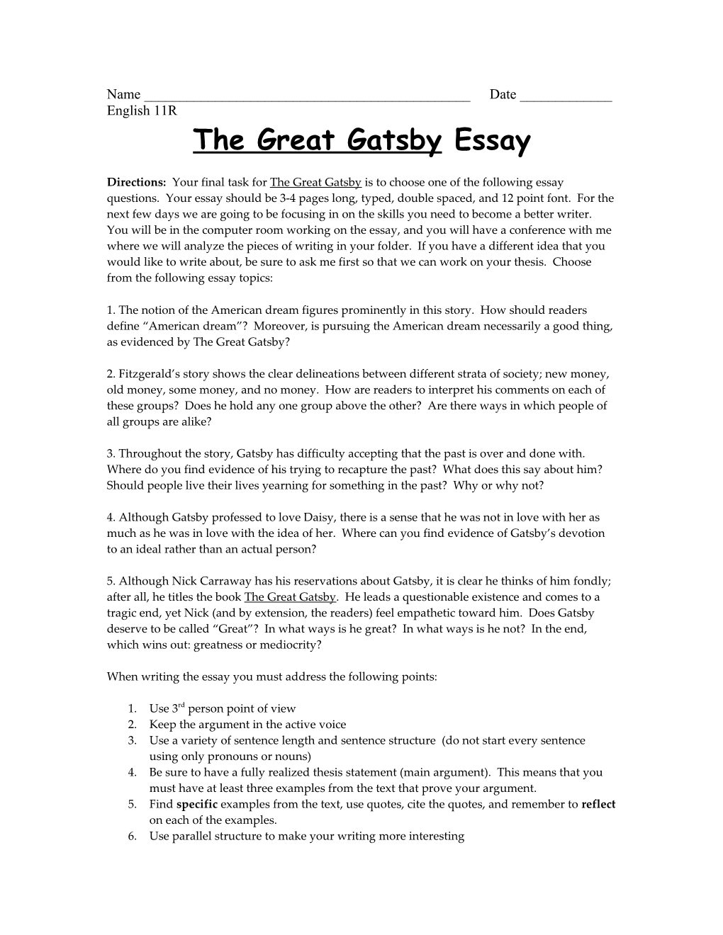 The Great Gatsby Final Essay