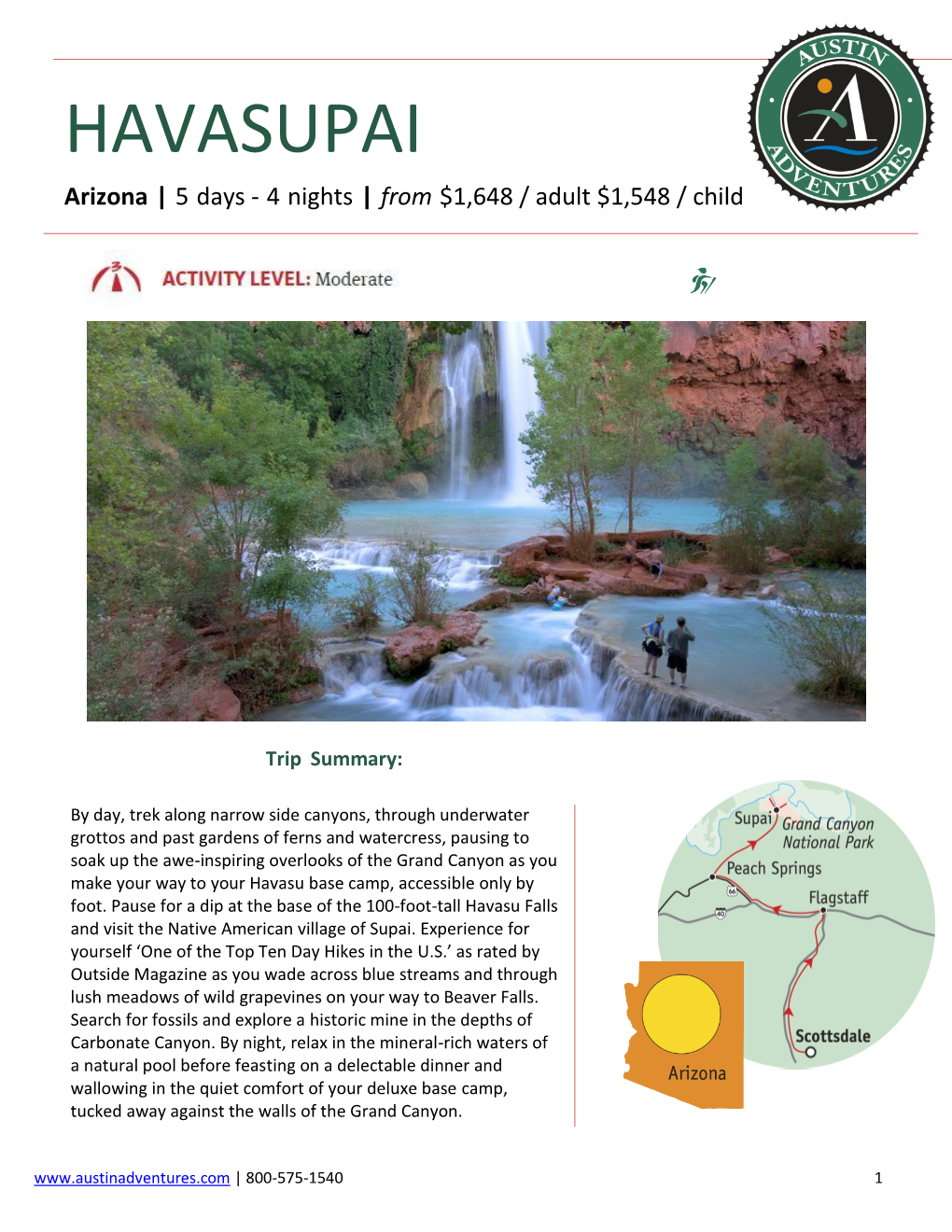 HAVASUPAI Arizona | 5 Days - 4 Nights | from $1,648 / Adult $1,548 / Child