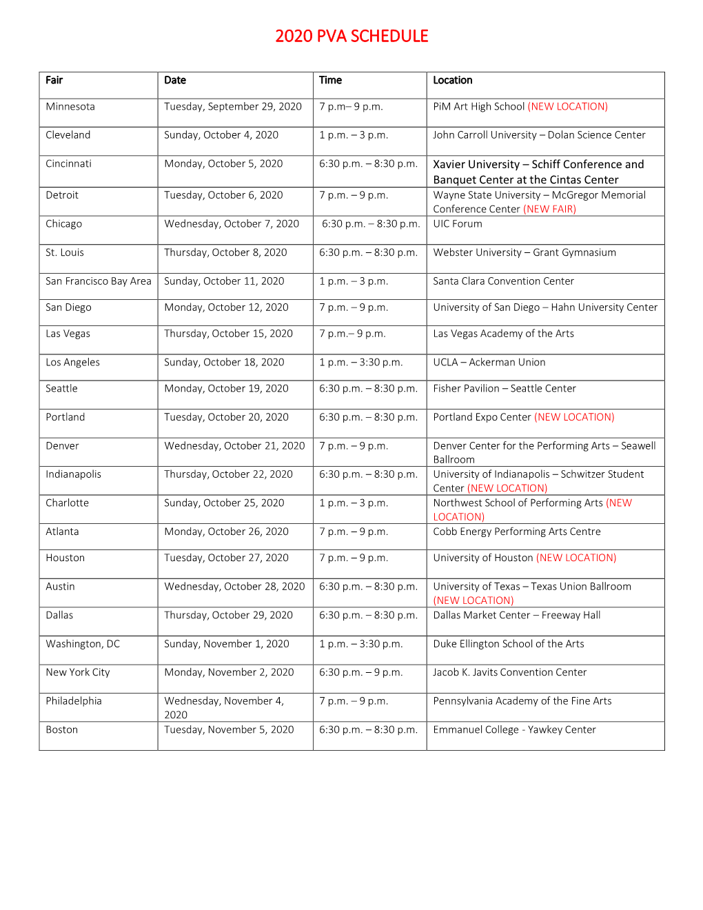 2020 Pva Schedule