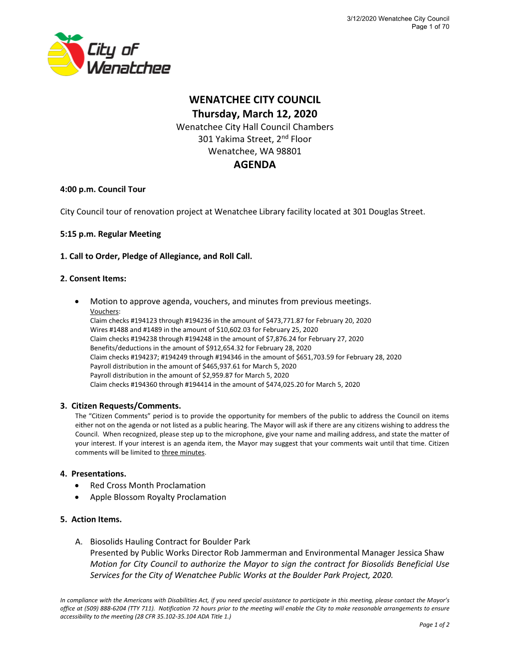 WENATCHEE CITY COUNCIL Thursday, March 12, 2020 AGENDA