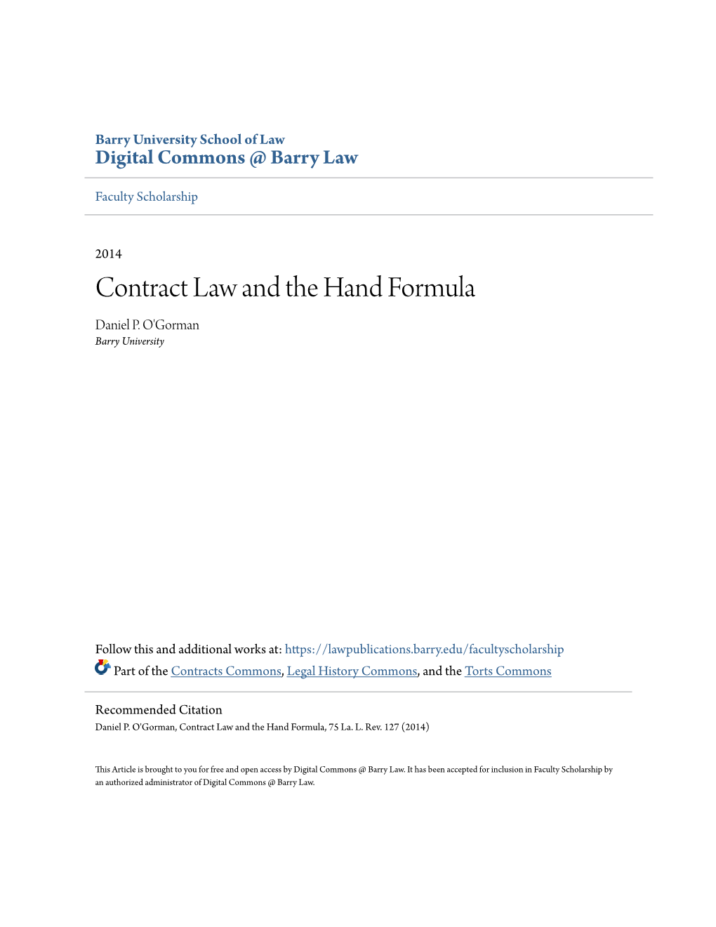 Contract Law and the Hand Formula Daniel P