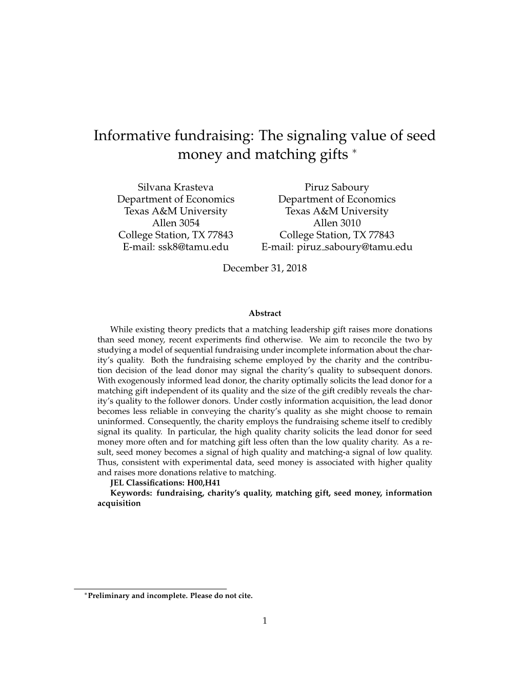 Informative Fundraising: the Signaling Value of Seed Money and Matching Gifts ∗