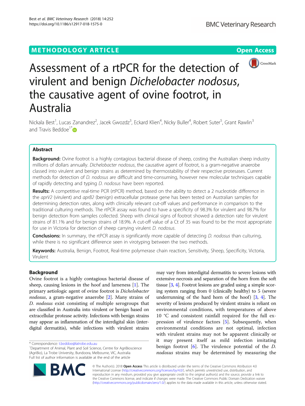 Assessment of a Rtpcr for the Detection of Virulent and Benign Dichelobacter Nodosus, the Causative Agent of Ovine Footrot, in A