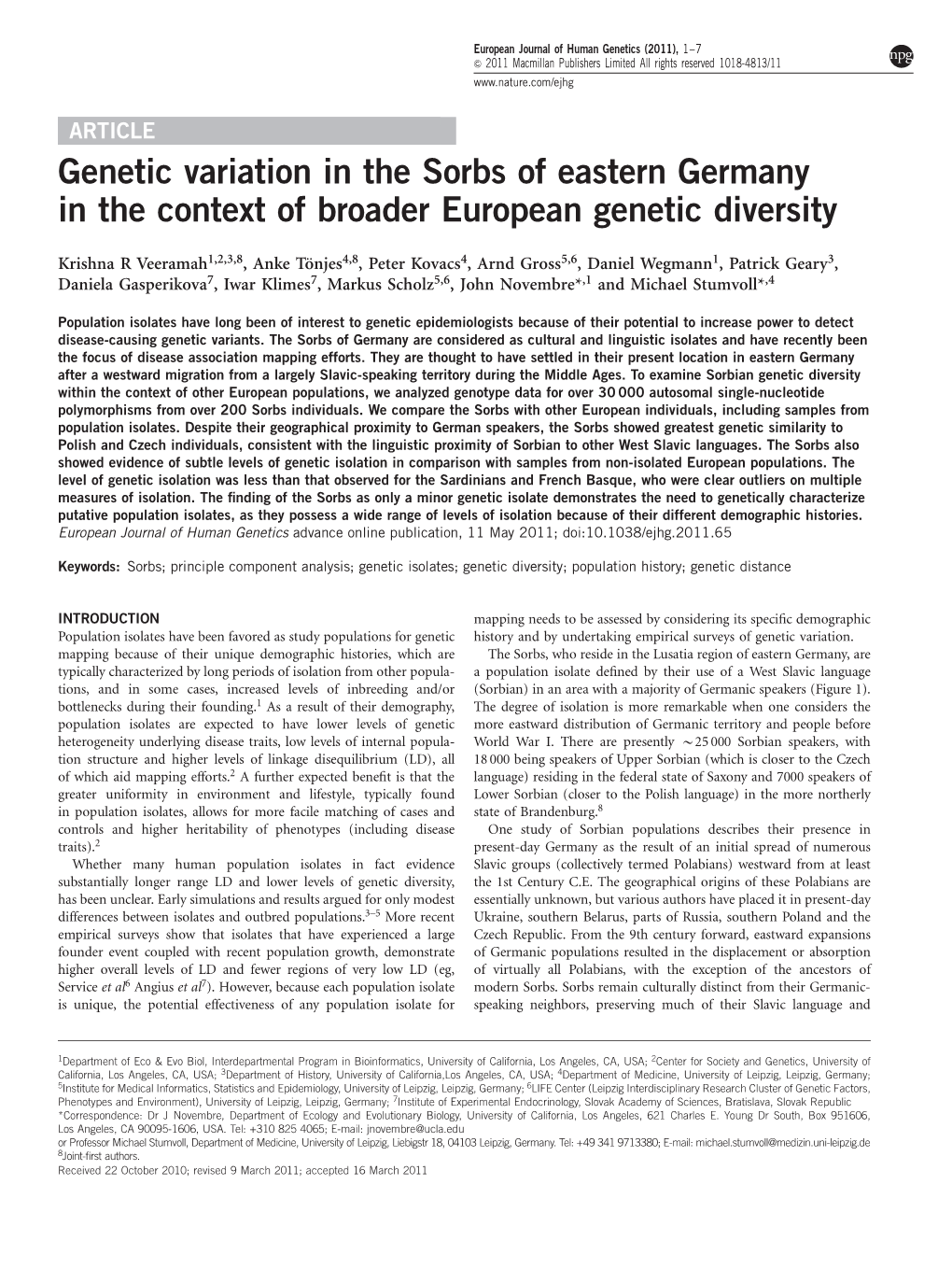 Genetic Variation in the Sorbs of Eastern Germany in the Context of Broader European Genetic Diversity