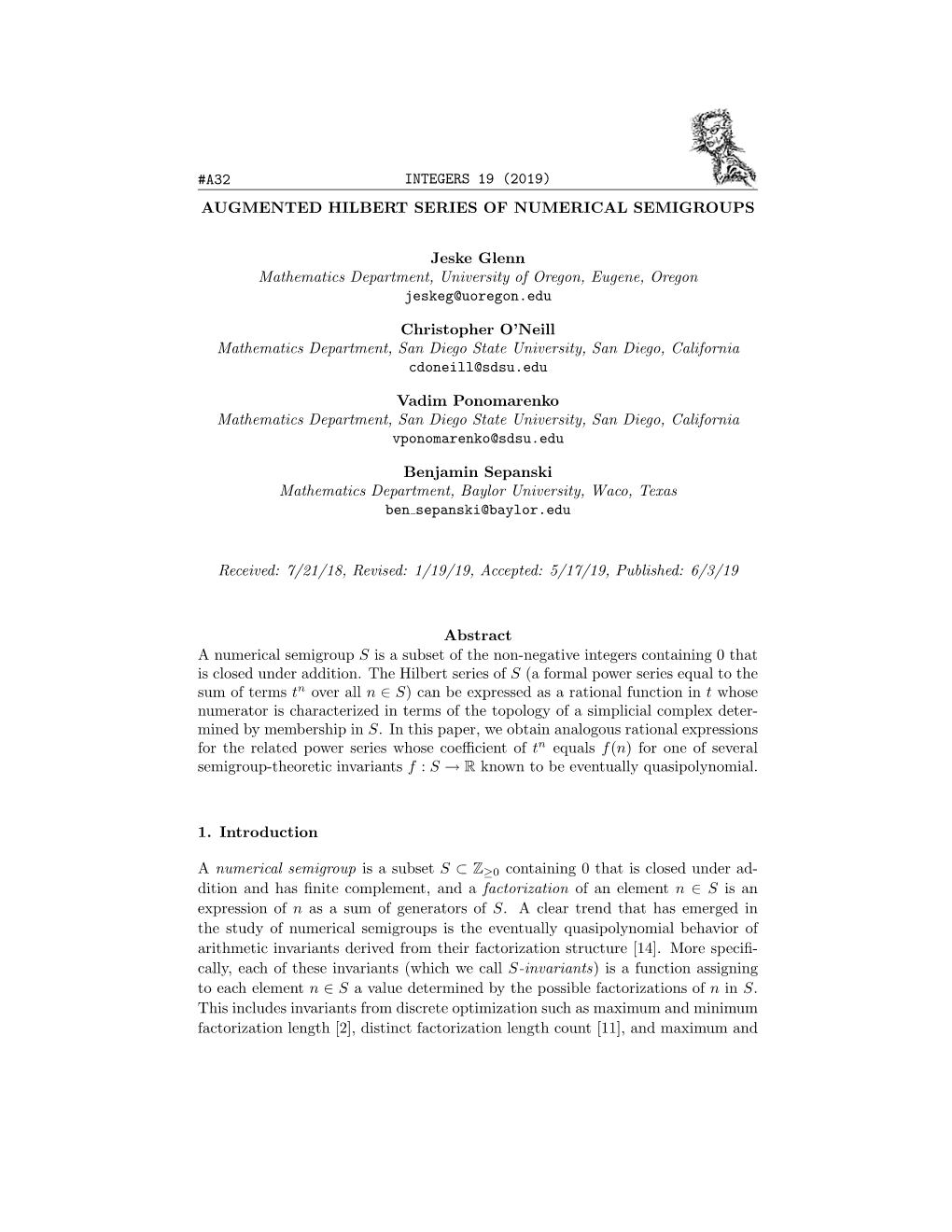 A32 Integers 19 (2019) Augmented Hilbert Series of Numerical Semigroups