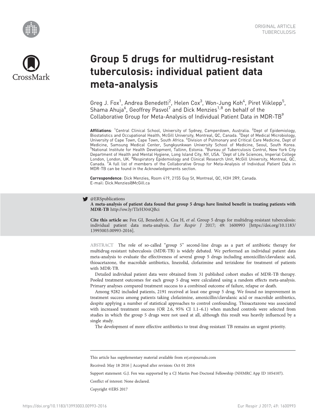 Group 5 Drugs for Multidrug-Resistant Tuberculosis: Individual Patient Data Meta-Analysis